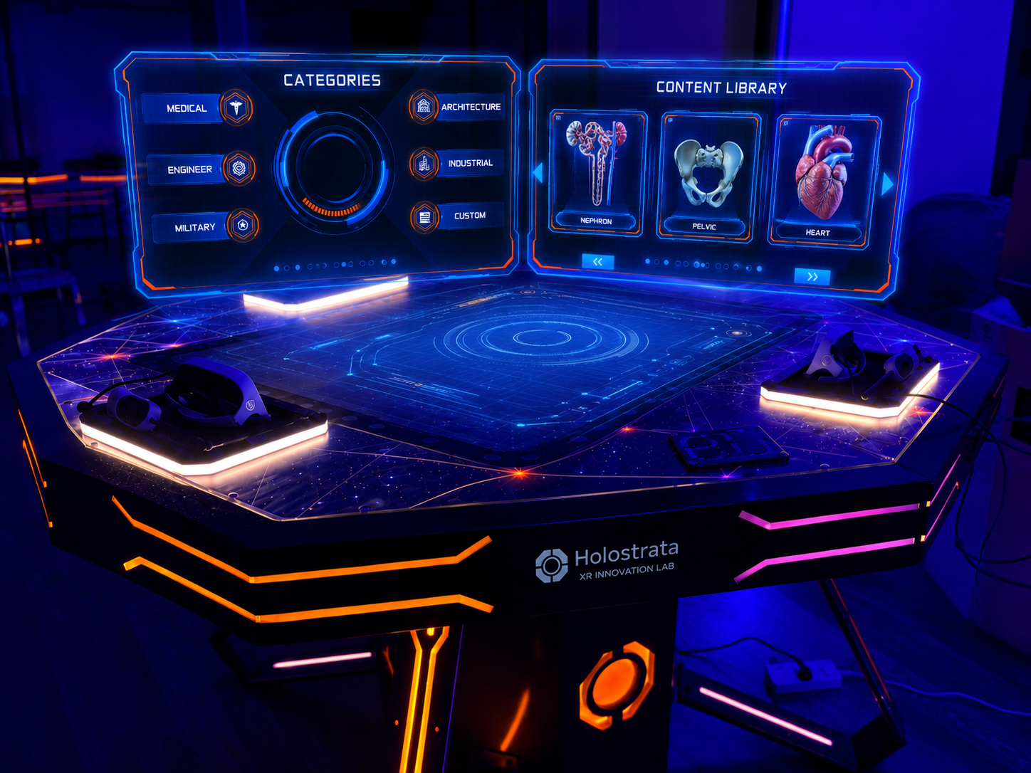 HoloStrata OS dual-panel view with category dial and content library side by side