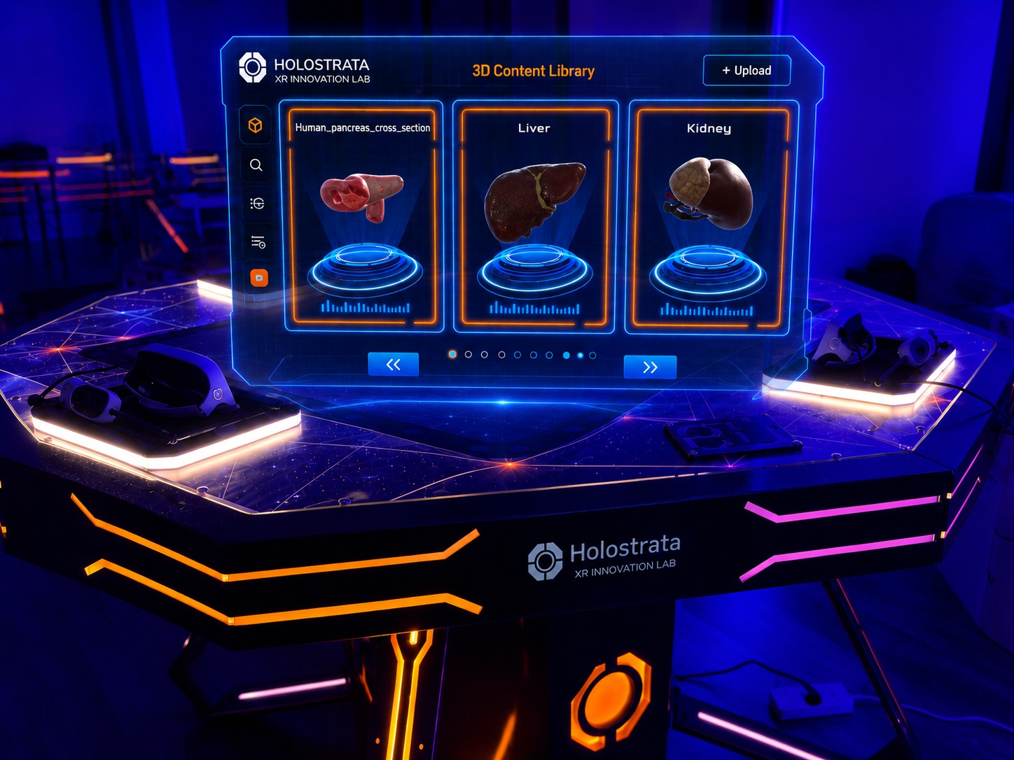 HoloStrata OS content library showing pancreas, liver and kidney models with upload control